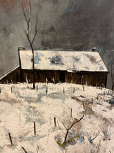 Load image into Gallery viewer, Oil Painting, Winter Barn Scene by W. Wyndham, signed
