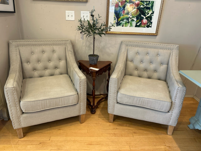 Pair of Gray Upholstered Chairs with Nailhead Trim