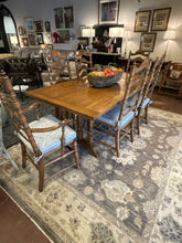 Load image into Gallery viewer, Dining Table &amp; 6 Ladder Back Chairs with  Rush Seats &amp; Cushions (2 arm, 4 side), Three Leaves &amp; Pads
