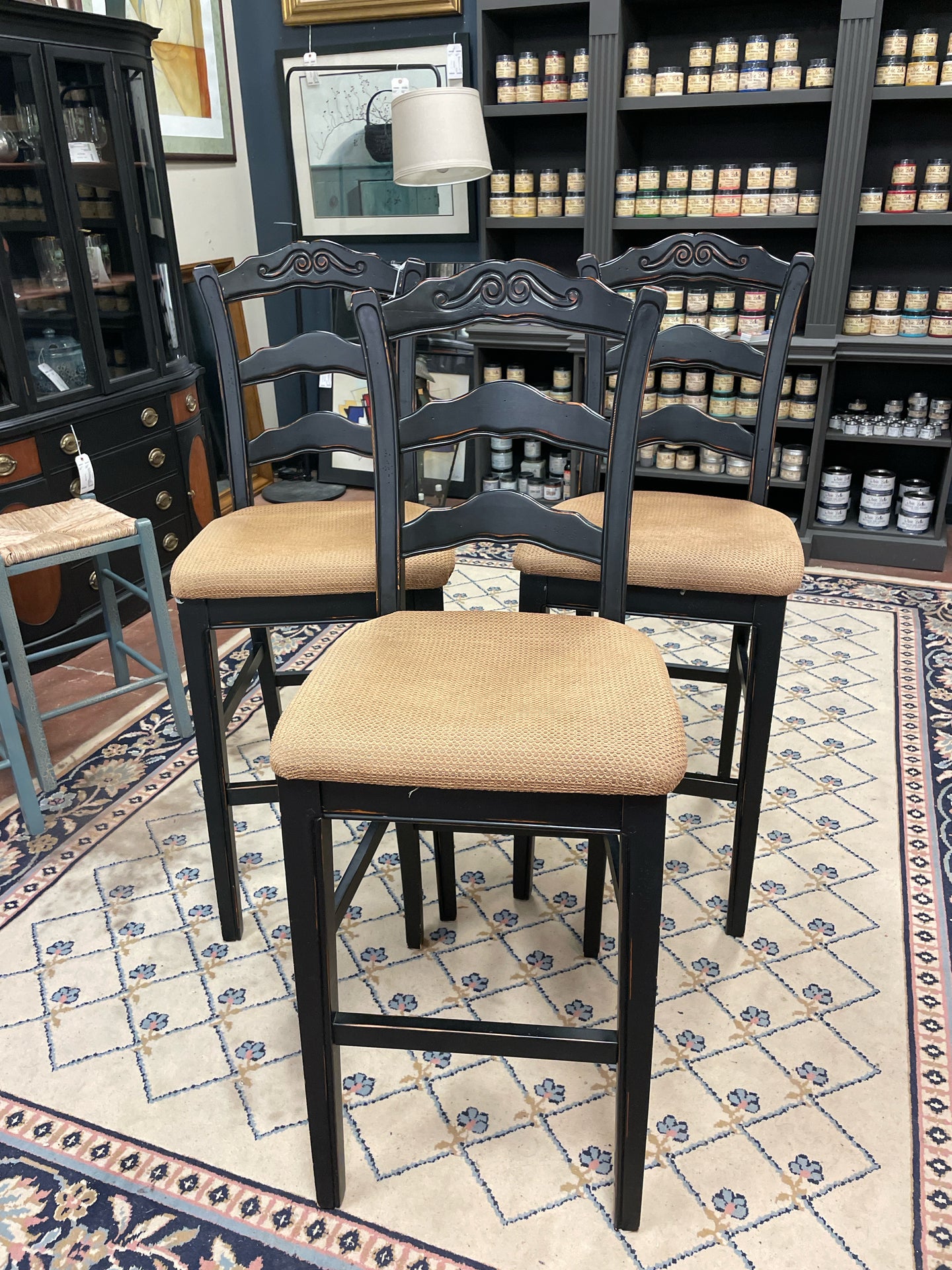 Set of 3 Black Ladder Back Bar Stools