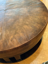 Load image into Gallery viewer, Round Leather Ottoman with  Black Wood Base from Century Furniture Co.
