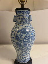 Load image into Gallery viewer, Blue &amp; White Ceramic Lamp with  Blue Trimmed Shade
