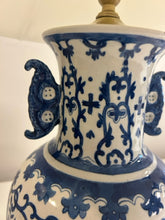 Load image into Gallery viewer, Blue &amp; White Ceramic Lamp with Blue Trimmed Shade
