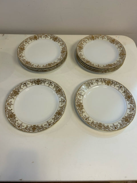 Eleven Christmas Ball 175 Gold Flower Scroll Dinner Plates from Noritake