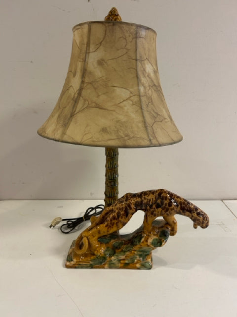 Vintage MCM Prowling Leopard Ceramic Lamp with Monkey Finial from Royal Haeger
