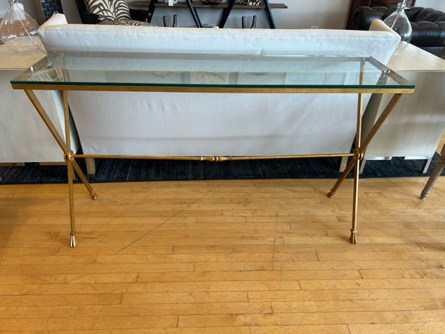 Hollywood Regency Glass Top Console Table with Brushed  Gold Metal Base from Holly Hunt