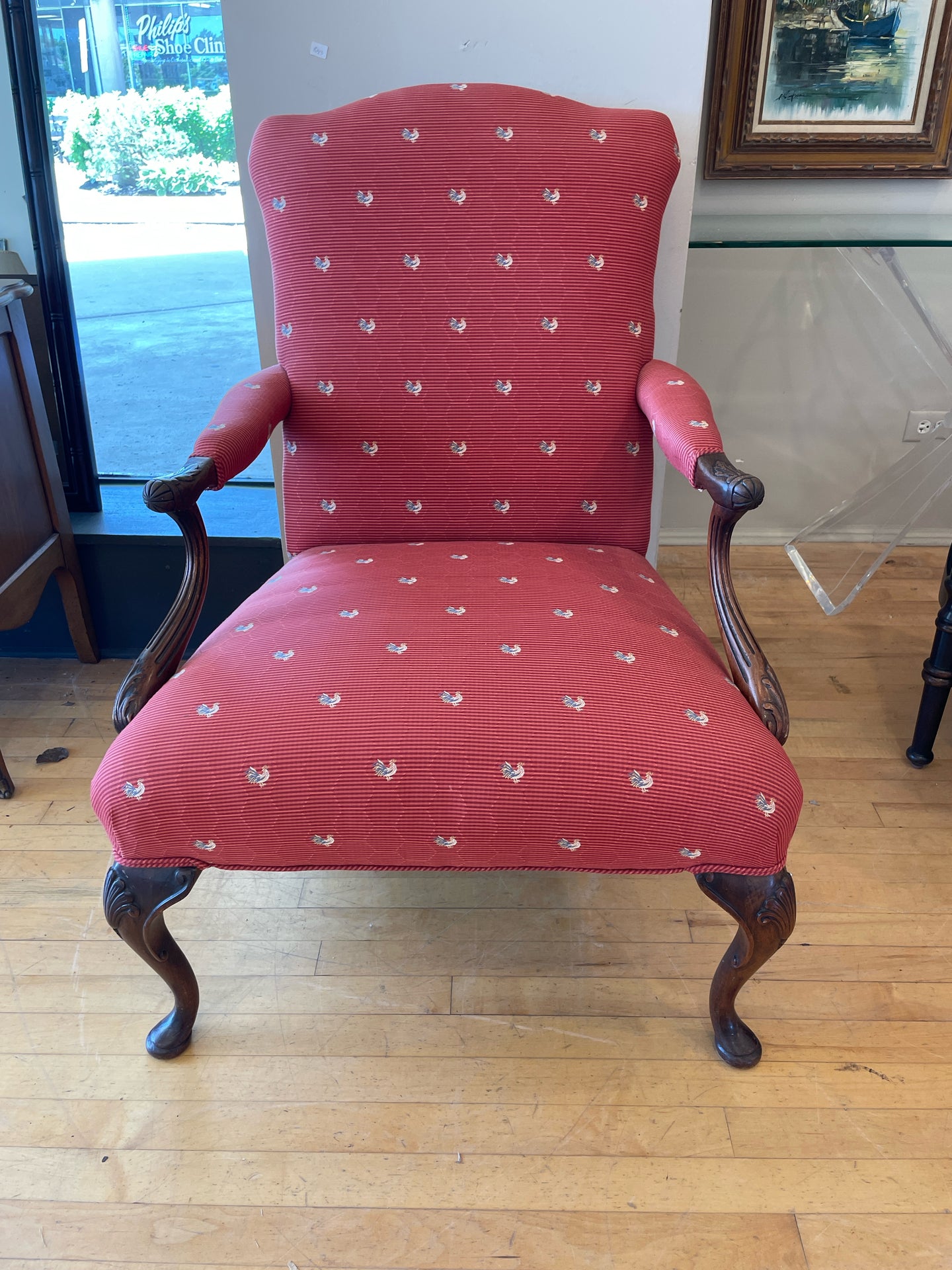 Vintage Chippendale Style Arm Chair with Raspberry Rooster Upholstery