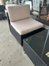 Load image into Gallery viewer, NEW Pair of Woven  Outdoor Chairs with Light Tan  Cushions &amp; Glass Top  Coffee Table
