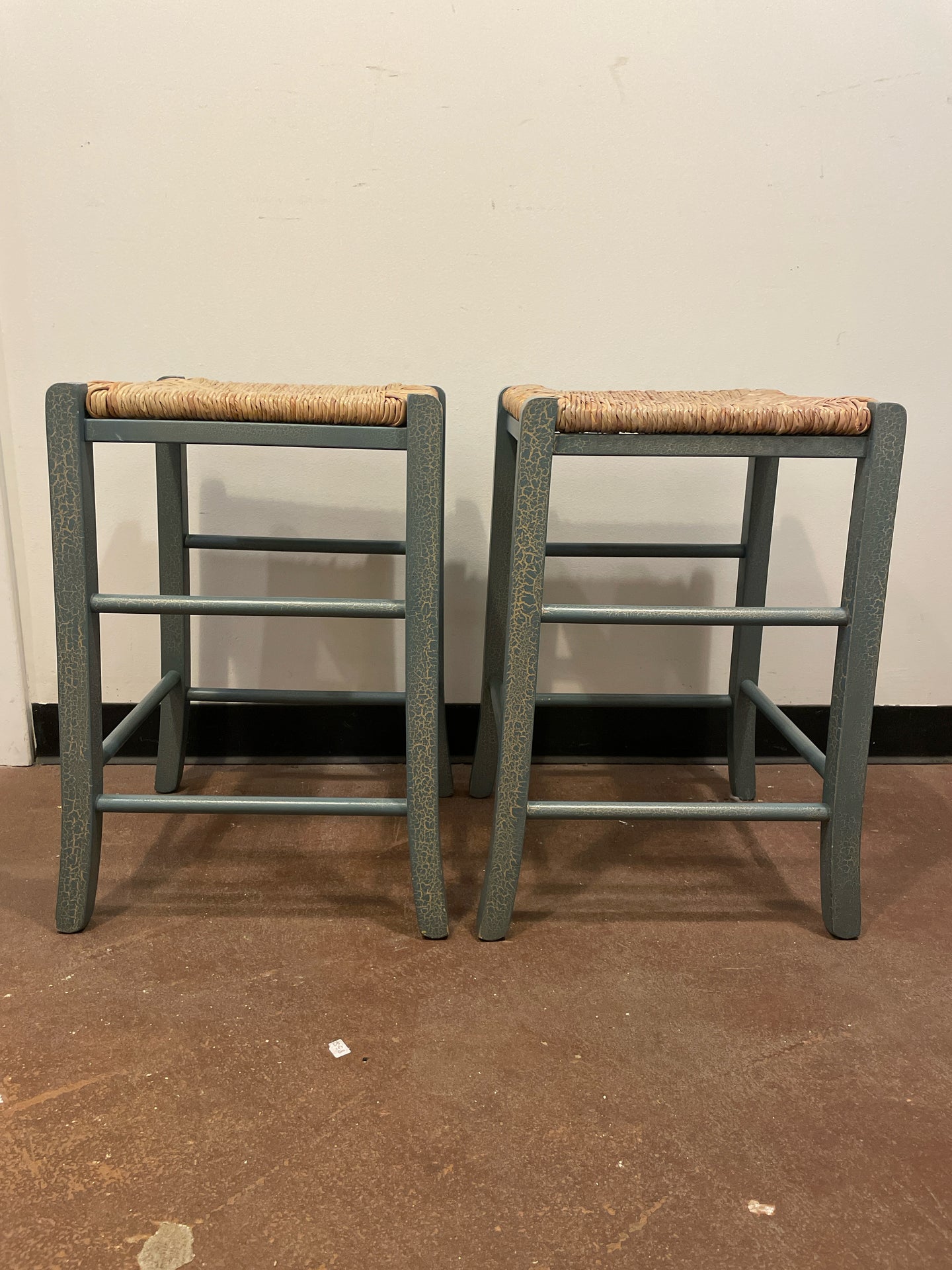 Pair of Crackled Finished Bar Stools with Rattan Seat