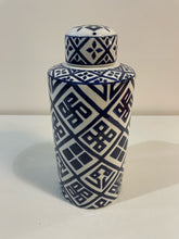 Load image into Gallery viewer, Blue &amp; White Geometric Pattern Lidded Ceramic Jar
