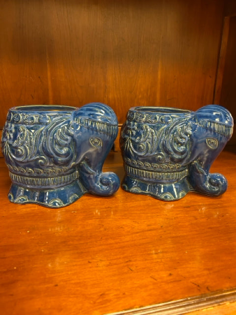 Pair Blue Ceramic Elephant Planters