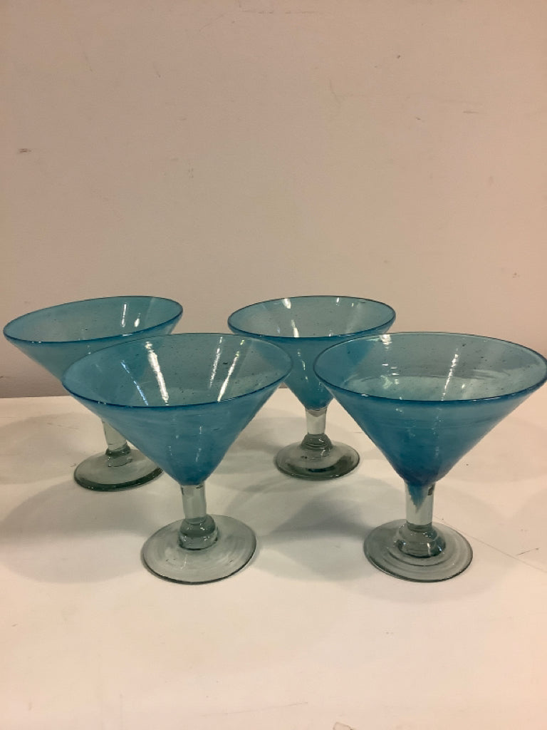 Four Hand Blown Calypso Aqua Blue Martini Glasses from Crate & Barrel