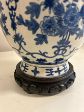 Load image into Gallery viewer, Blue &amp; White Ceramic Lamp with Blue Trimmed Shade
