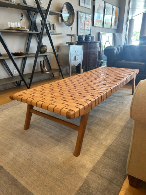 Teak Woven Leather Strap Bench/Coffee Table