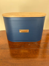 Load image into Gallery viewer, NEW Navy Blue Metal Bread Bin with Wood Lid from Typhoon
