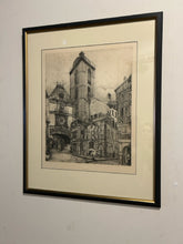 Load image into Gallery viewer, Framed Copper Engraving "La Tour la Grosse Horloge a Rouen," stamped
