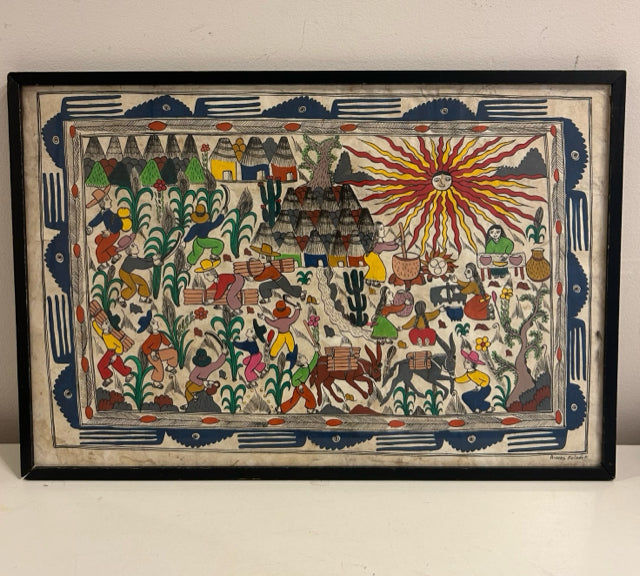 Framed Amate Painting on Amate Bark Paper by Felix Venancio R., signed
