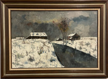 Load image into Gallery viewer, Oil Painting, Winter Barn Scene by W. Wyndham, signed
