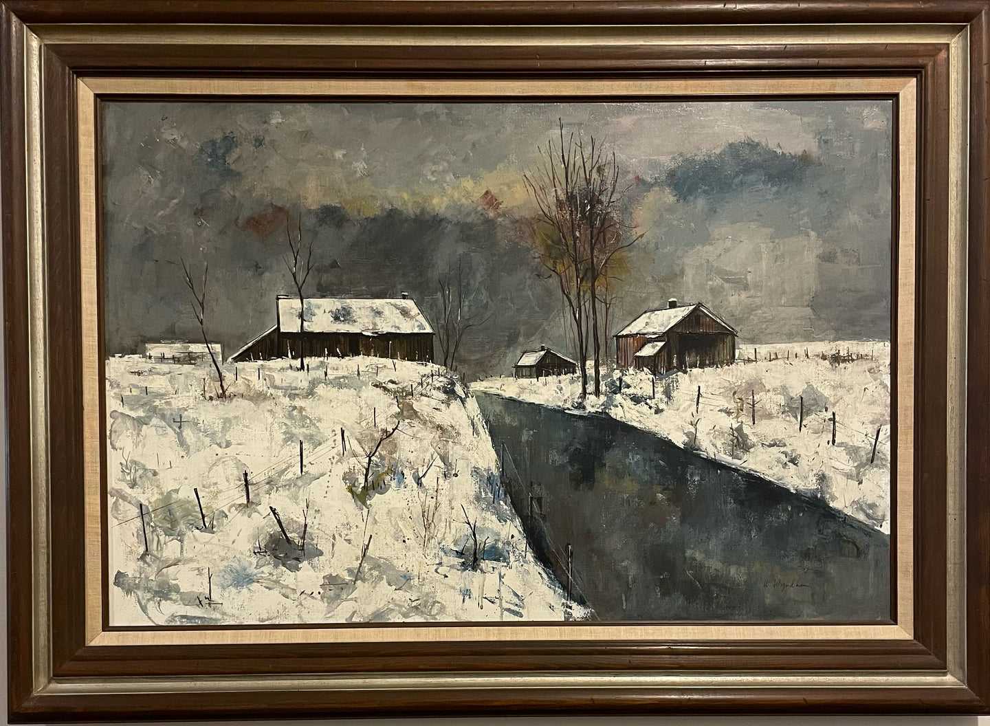 Oil Painting, Winter Barn Scene by W. Wyndham, signed