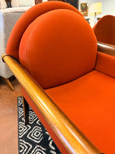 Load image into Gallery viewer, Pair of MCM Lounge Chairs with Dark  Burnt Orange Wool Upholstery and Polished Wood Arms
