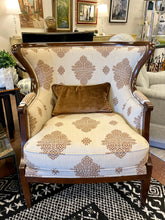 Load image into Gallery viewer, Custom Brown and White Curved Wingback Accent Chair with Velvet Pillow from Baker Furniture
