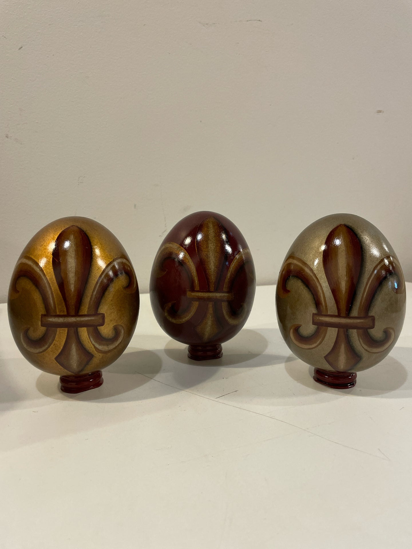 Set of 3 Wooden Fleur De Lis  Eggs with Stands