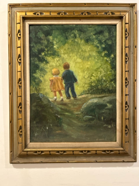 Oil Painting of Children Walking in the Woods