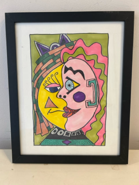 Framed Colorful Stylized Portrait Print II by S.N. Johnson, signed