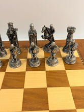 Load image into Gallery viewer, Pewter Medieval Chess Pieces with Chess Board from WE Games

