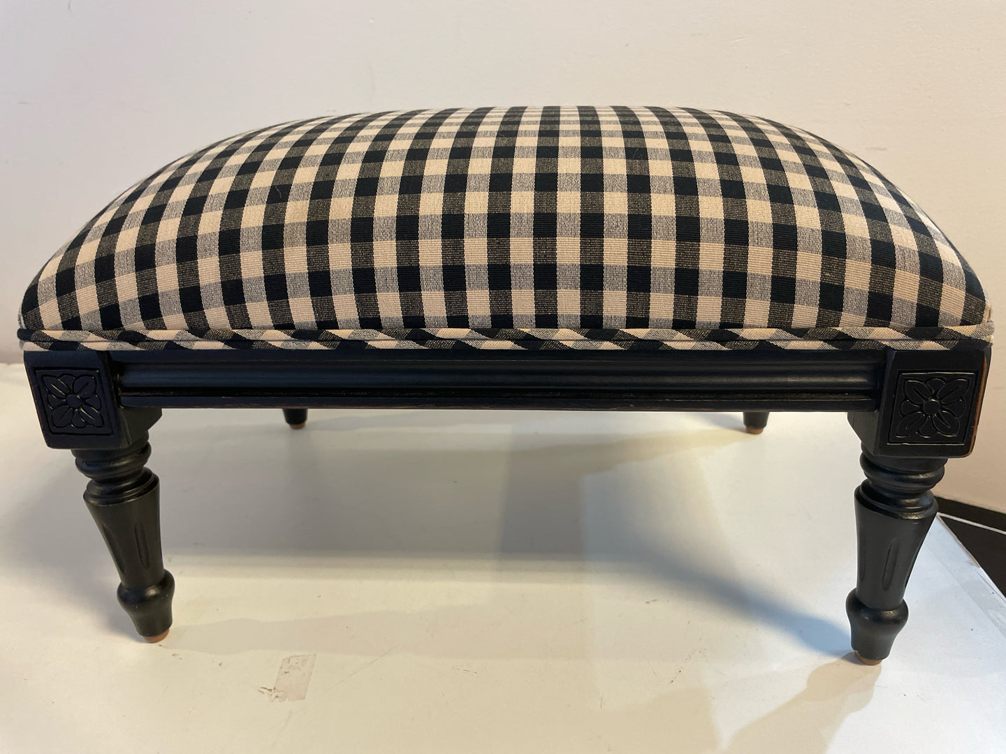 Black & Tan Gingham Upholstered Foot Stool