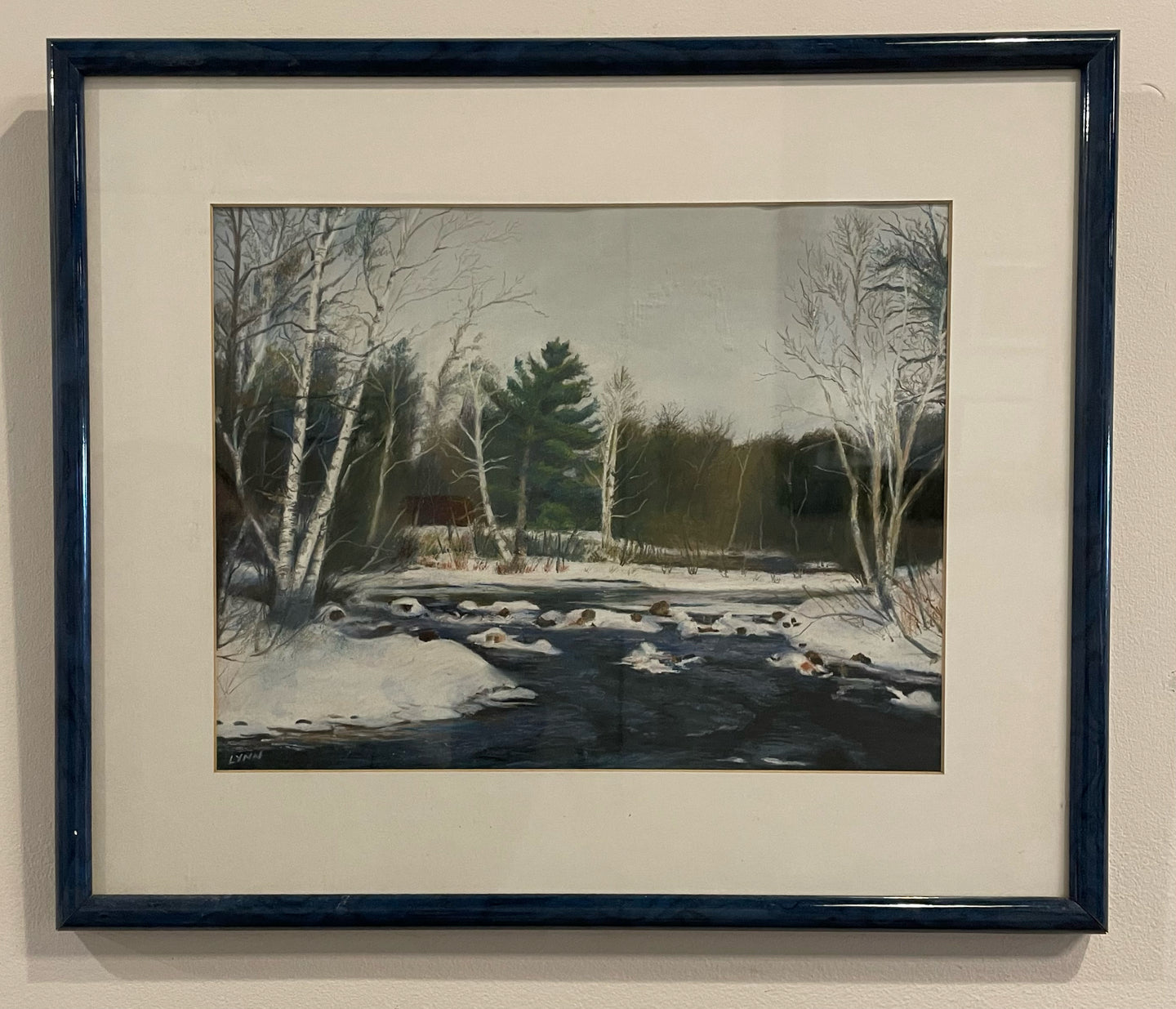 Blue Framed Custom Pastel Charcoal Drawing by Lynn Miller, signed