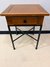 Load image into Gallery viewer, Wood Game Table on Metal Legs with Chess &amp; Checkers Pieces from Pottery Barn
