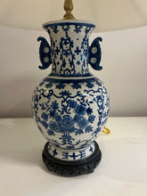 Load image into Gallery viewer, Blue &amp; White Ceramic Lamp with Blue Trimmed Shade
