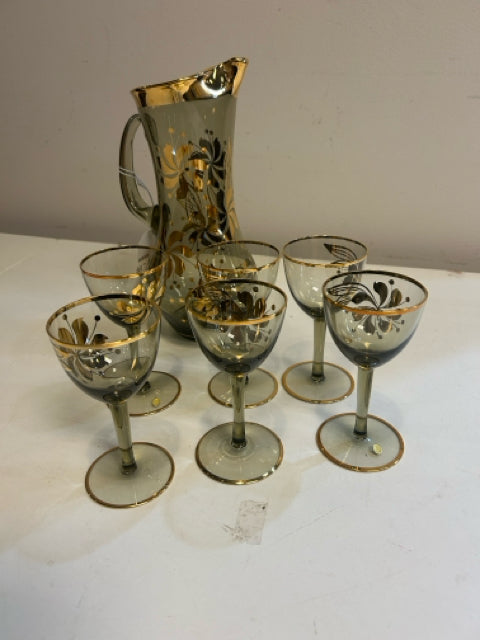 MCM Smoked Glass Pitcher & 6 Glasses with  Gold Detailing made in Hungary