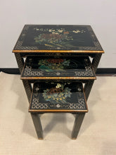 Load image into Gallery viewer, Mid-Century Black Lacquered Chinoiserie Nesting Tables

