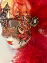 Load image into Gallery viewer, Hand Painted Venezia Mask with Red Feathers made in Italy
