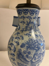 Load image into Gallery viewer, Blue &amp; White Ceramic Lamp with  Blue Trimmed Shade
