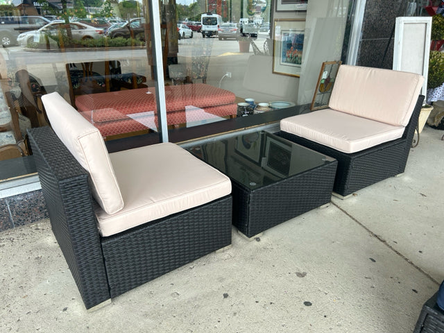 NEW Pair of Woven Outdoor Chairs with Light Tan Cushions Glass Top Coffee  Table