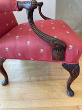 Load image into Gallery viewer, Vintage Chippendale Style Arm Chair with Raspberry Rooster Upholstery
