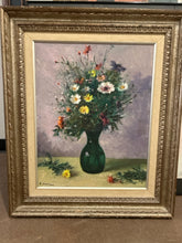 Load image into Gallery viewer, Framed Oil Painting of Flowers in Green Vase by Franco Colella, signed
