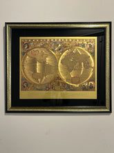 Load image into Gallery viewer, Gold Foil Reproduction of Henricus Hondius Terrarum Orbis World Map
