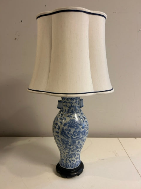 Blue & White Ceramic Lamp with  Blue Trimmed Shade