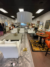 Load image into Gallery viewer, Glass Floor Lamp with Brass Detailing and Custom Painted Shade
