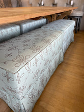 Load image into Gallery viewer, Custom Upholstered Sea Foam Green Bench on Wheels

