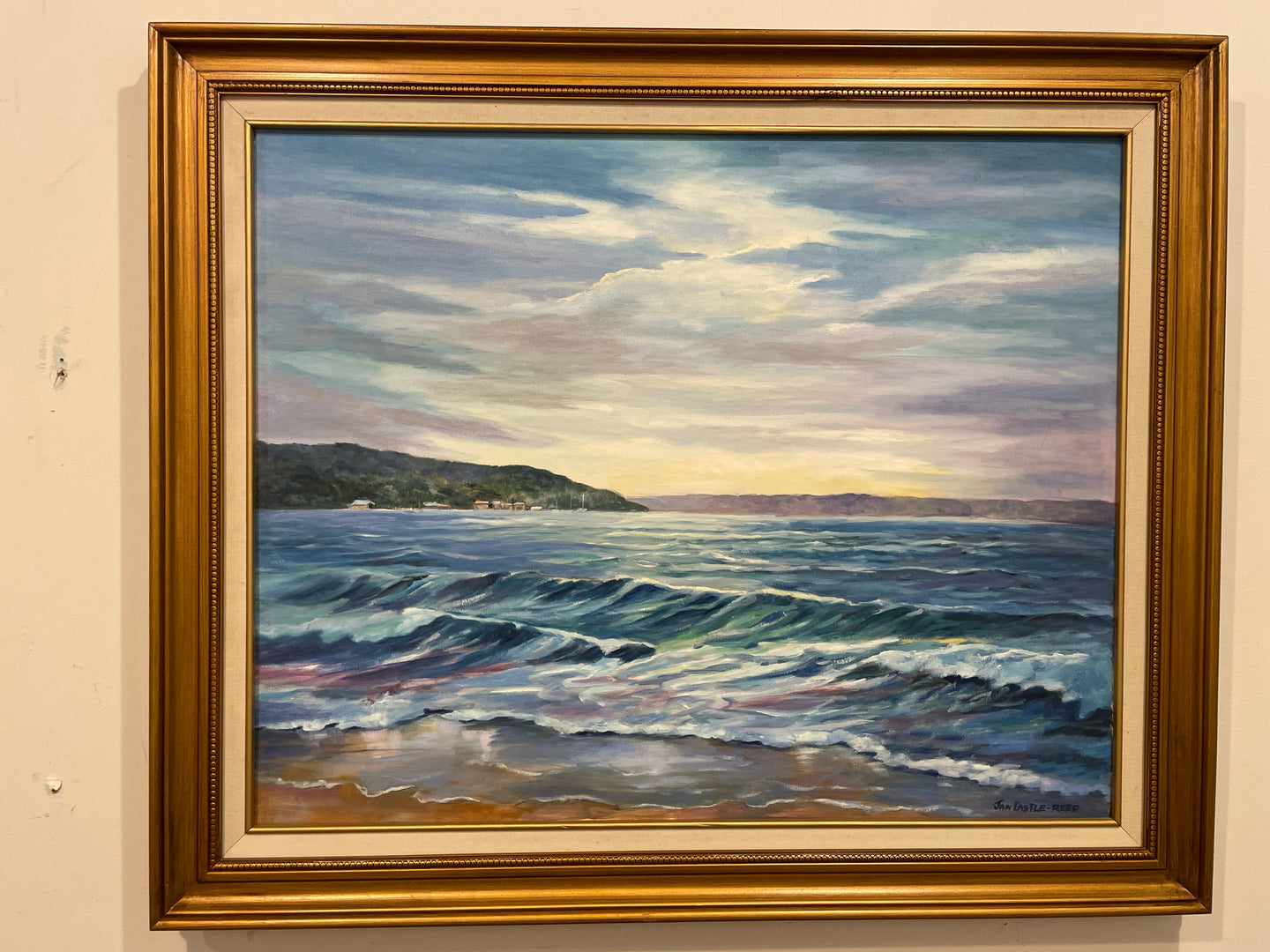 Original Oil of Beachfront in Gold Frame by Jan Castle-Reed