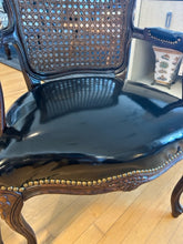 Load image into Gallery viewer, Pair of Cane Back Louis XV Carved Chairs with  Black Patent Leather Seats
