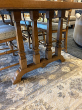 Load image into Gallery viewer, Dining Table &amp; 6 Ladder Back Chairs with  Rush Seats &amp; Cushions (2 arm, 4 side), Three Leaves &amp; Pads
