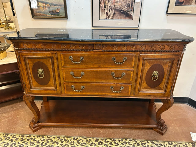 Marble Top, Three Drawer, Two Door Buffet with Lions Head Handles