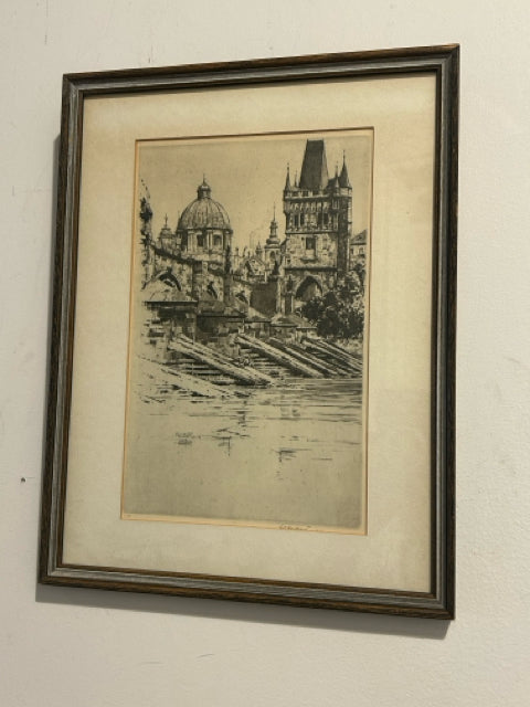 Framed Etching of Charles Bridge  Prague Czech Republic, signed