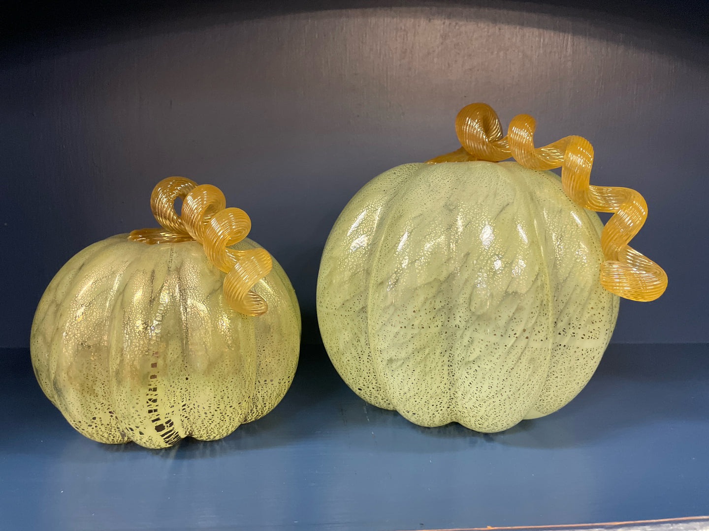 Set of 2 Light  Green  Hand Crafted Pumpkins from Glass Eye Studio